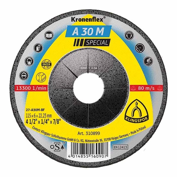 Klingspor A30M Special Grinding Disc 4-1/2 x 1/4 x 7/8 T27, 10PK A30M1156.022D - main