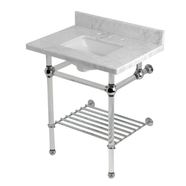 Kingston Brass 30-Inch Carrara Marble Console Sink with Acrylic Legs and Shelf, 8-Inch, 3-Hole KVPB30MASQB1 - main