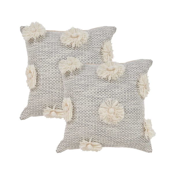 Homeroots Set of Two Gray and Ivory Floral Cotton Throw Pillows With Fringe, 2PK 554577 - main