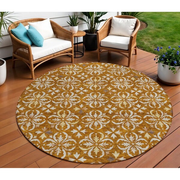 Homeroots 8' Copper And Beige Round Floral Washable Indoor Outdoor Area Rug 595981 - main