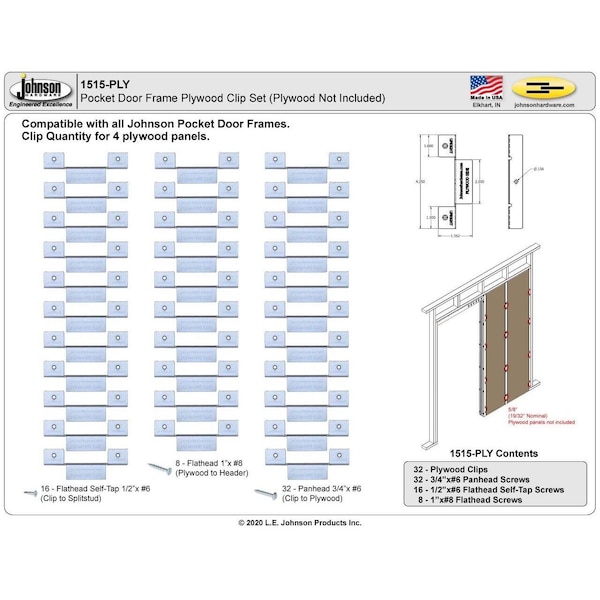 Le Johnson Clip Set Pocket Door Frame f/ 5/8 in Plywood Reinforcement 1515-PLY - main