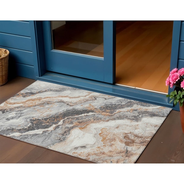 Homeroots 3' X 5' Silver And Copper Abstract Washable Indoor Outdoor Area Rug 618430 - main