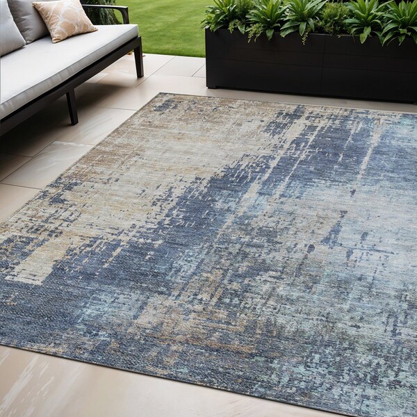Homeroots 5' X 8' Navy Blue And Taupe Abstract Washable Indoor Outdoor Area Rug 587243 - main
