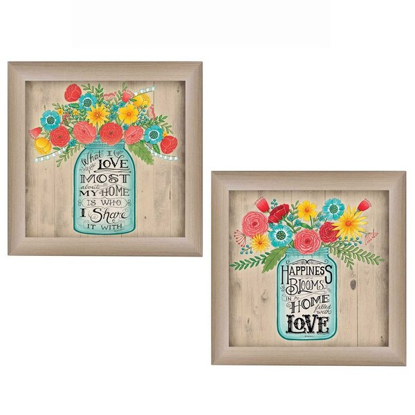 Homeroots Set Of Two Mason Jar Floral Happiness at Home Brown Framed Print Wall Art, 2PK 405709 - main