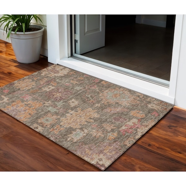 Homeroots 3' X 5' Brown Tan And Terra Cotta Floral Washable Indoor Outdoor Area Rug 604108 - main