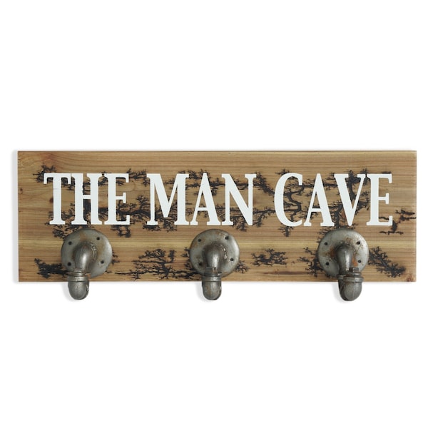 Homeroots 12" X 27" Natural Silver And White Man Cave Metal And Wood Wall Decor With Hooks 636031 - main