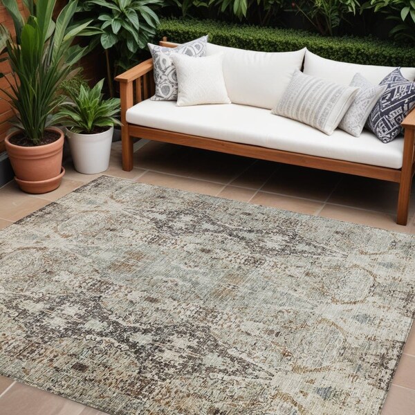 Homeroots 10' X 14' Linen Black And Brown Floral Washable Indoor Outdoor Area Rug 606247 - main