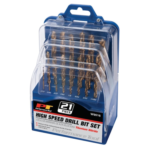 Performance Tool 21 pc. Drill Bit Set, Titanium Coated, Assorted Sizes, Metal Plastic Wood W9016 - main