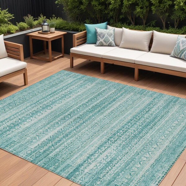 Homeroots 10' X 14' Aqua And Ivory Striped Washable Indoor Outdoor Area Rug 631478 - main