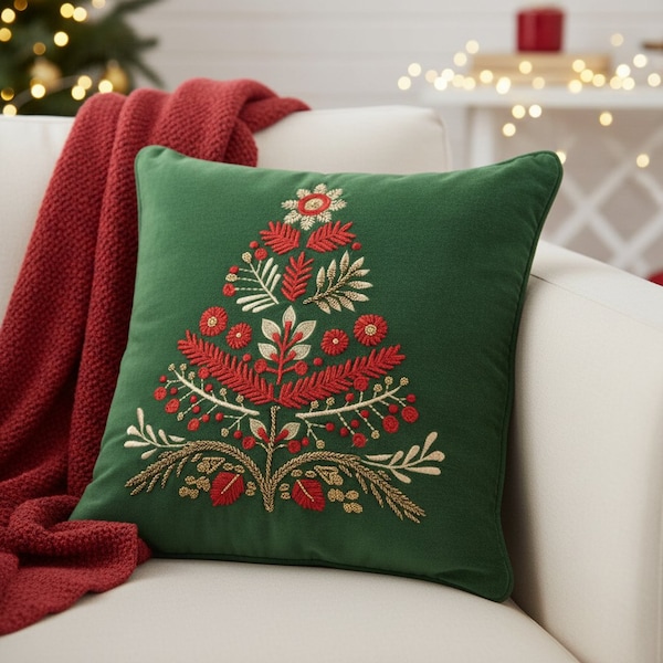 Homeroots 18" Green And Red Floral Velvet Cotton Christmas Tree Throw Pillow 719258 - main