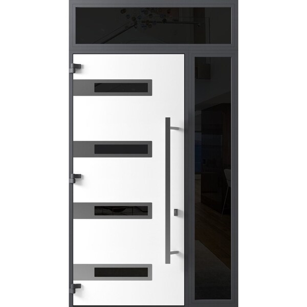Vdomdoors Front Exterior Prehung Steel Door Ronex0131 Black Enamel 96 Sidelight and Transom Window Sidelite RONEX0131EXD-BLK-W36+14xH96+16-RH-I - main