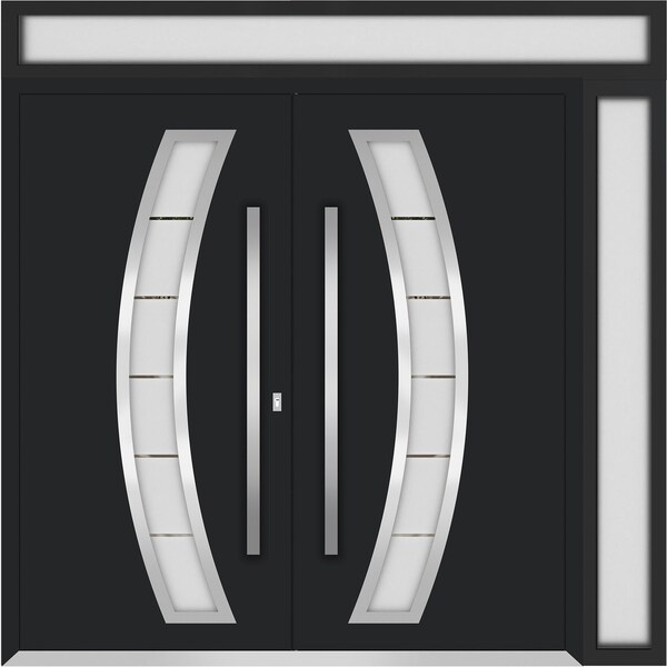 Vdomdoors Metal Double Doors Deux 6500 Black Enamel Frosted Glass 1 Sidelight and Top Transom Entry Modern Pa DEUX6500DEXD-BLK-W72+12xH96+14-RH-O - main