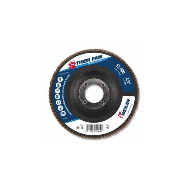 Weiler Tiger Paw, TY29 Coated Abrasive Flap Disc, 4-1/2 in dia, 40 Grit, 7/8 Arbor, 13000 rpm, 10PK 804-51119 - main