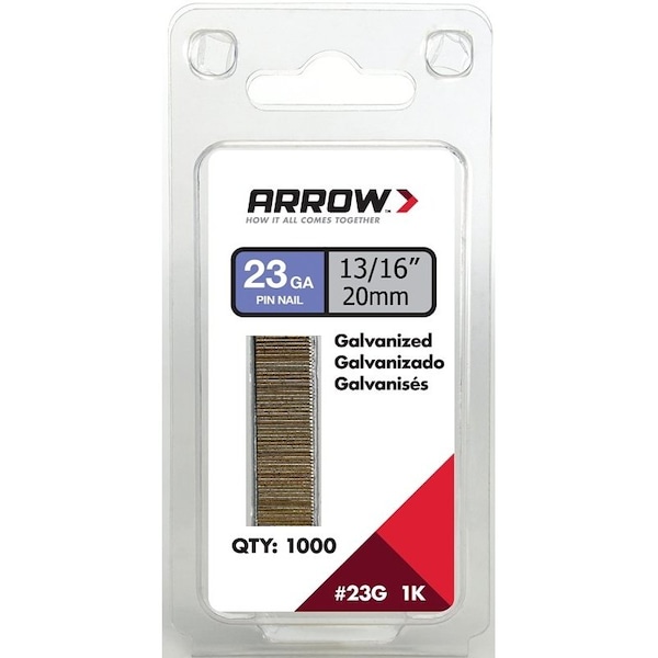 Arrow Fastener Common Nail, 13/16 in L, Steel, Galvanized Finish, 23 ga 23G20-1K - main