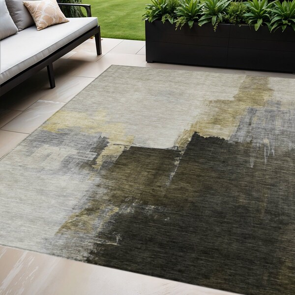 Homeroots 10' X 14' Khaki Light Green And Black Abstract Washable Indoor Outdoor Area Rug 603034 - main