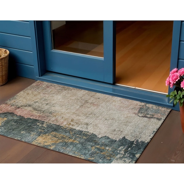 Homeroots 3' X 5' Taupe Blue And Lavender Abstract Washable Indoor Outdoor Area Rug 606080 - main