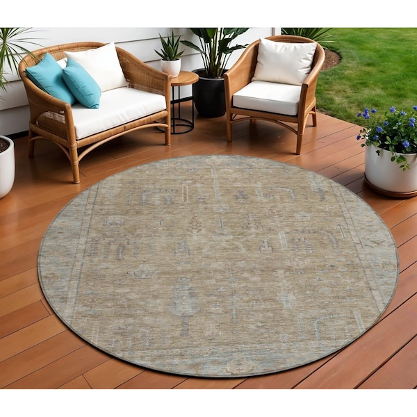 Homeroots 8' Tan Gray And Brown Round Oriental Washable Indoor Outdoor Area Rug 604721 - main