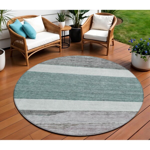 Homeroots 8' Teal Blue Off White And Gray Round Abstract Washable Indoor Outdoor Area Rug 615298 - main