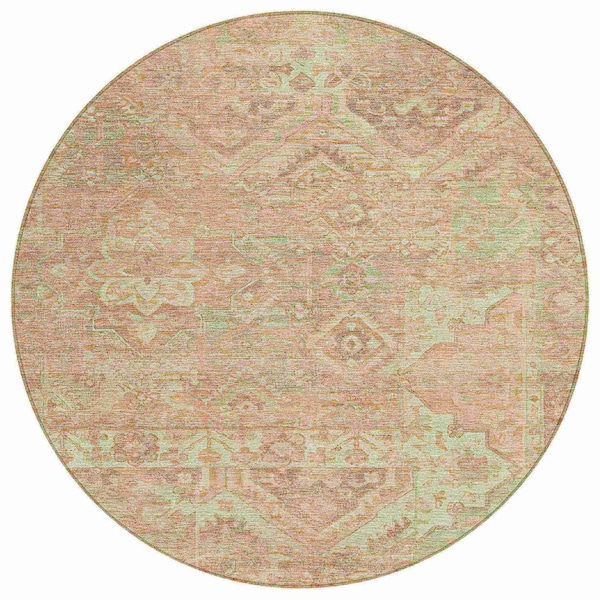 Homeroots 8' Salmon Fern Green And Beige Round Floral Medallion Washable Indoor Outdoor Area Rug 616630 - main