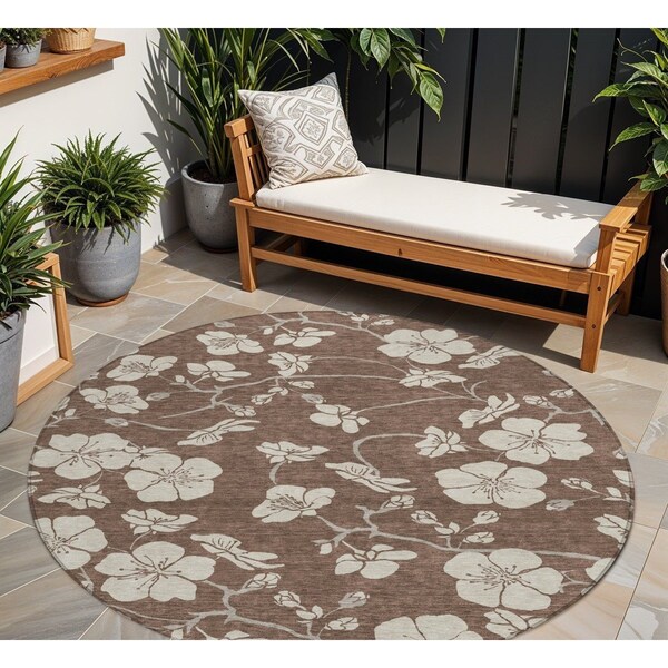 Homeroots 8' Brown And Beige Round Floral Washable Indoor Outdoor Area Rug 599870 - main