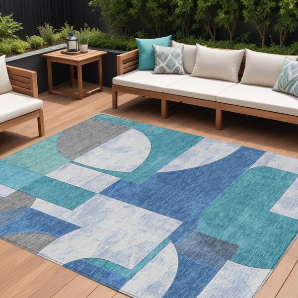 Homeroots 10' X 14' Teal Blue And Ivory Geometric Washable Indoor Outdoor Area Rug 617931 - main