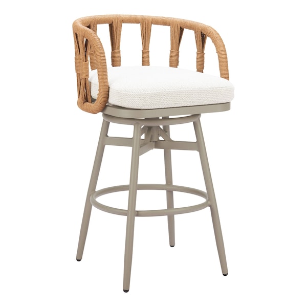 Homeroots 30" Gray Natural and White Aluminum And Faux Rattan Swivel Bar Height Chair 668809 - main