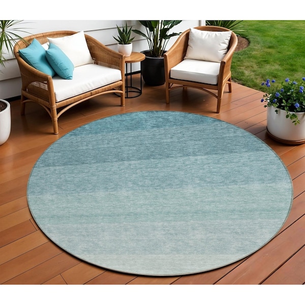 Homeroots 8' Teal Blue And Ivory Round Ombre Washable Indoor Outdoor Area Rug 595837 - main