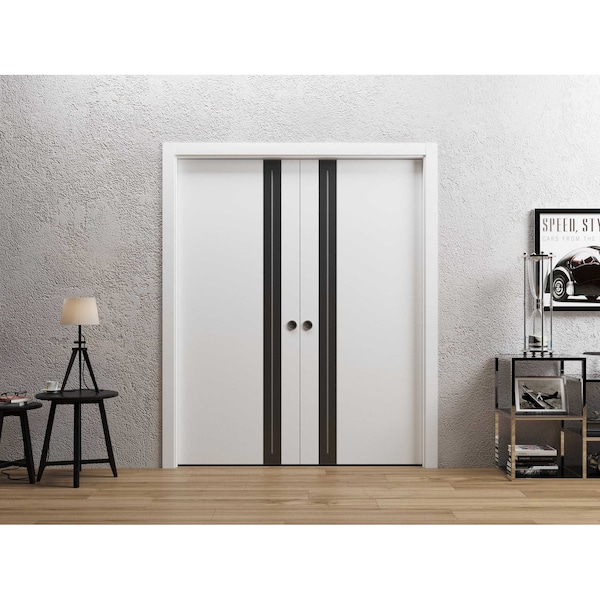 Sartodoors Sliding Double Pocket Doors 84 x 80 inches, Planum 0444 White Silk with Black Inserts and Frosted G PLANUM0444DP-WS-84 - main