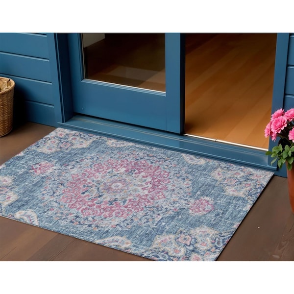 Homeroots 3' X 5' Blue Floral Medallion Washable Indoor Outdoor Area Rug 607842 - main