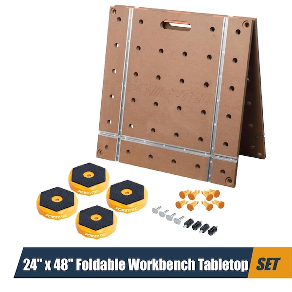 Powertec Arachni Flex 24inx48in Foldable Pre-drilled Dog Holes Workbench Tabletop, 4PK Bench Dog Puck 72304 - main