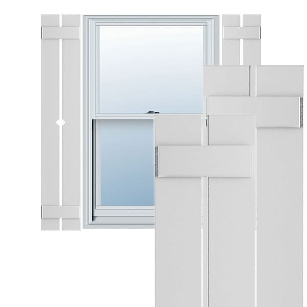 Ekena Millwork True Fit PVC, Two Board Spaced Board-n-Batten Shutters w/Diamond Cutout, Unfinished, 11 1/4Wx62H, PR TFP101SD11X062UN - main