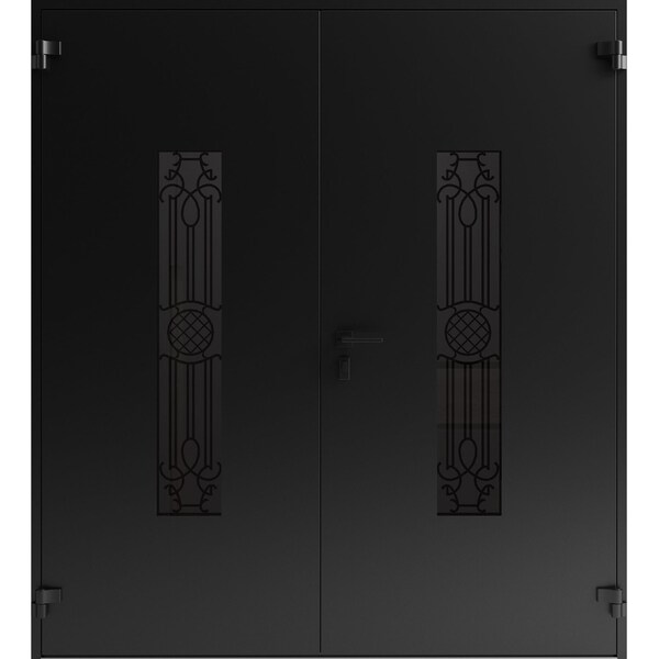 Vdomdoors Front Exterior Prehung Aluminum Double Doors Ronex1477 Black Enamel Mirrored Clear Glass Entry RONEX1477DEXD-BLK-W72xH80-LH-O - main