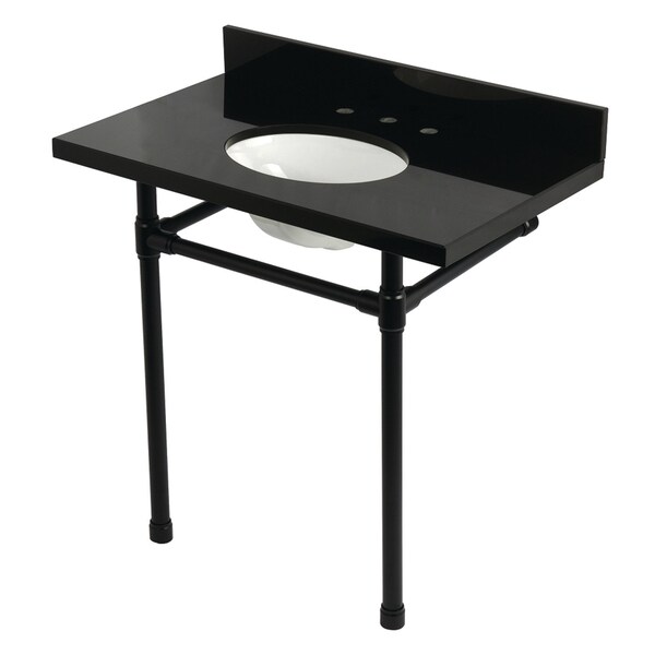 Kingston Brass 36" Black Granite Console Sink with Stainless Steel Legs, 8-Inch, 3-Hole, Black Granite/Matte Black KVPK36K80ST - main