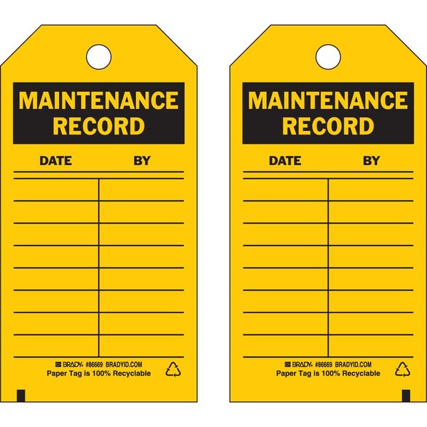 Brady Safety Inspection Tag MAINTENANCE RECORD Paper 5.75 x 3 Black on Yellow 100/PK, 100PK 86669 - main