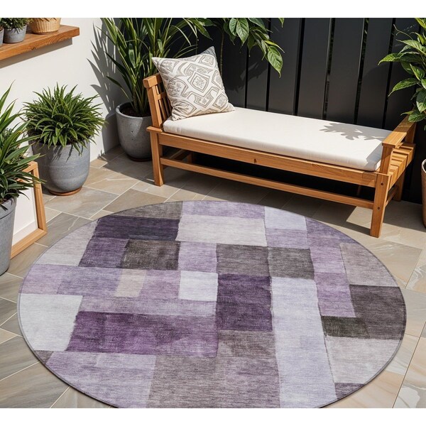 Homeroots 8' Eggplant Black And Lavender Round Geometric Washable Indoor Outdoor Area Rug 605857 - main
