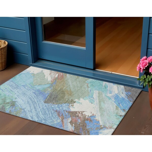 Homeroots 3' X 5' Sky Blue And Teal Blue Abstract Washable Indoor Outdoor Area Rug 611252 - main