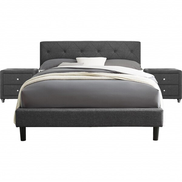 Homeroots Grey Queen Platform Bed with Two Nightstands 397023 - main