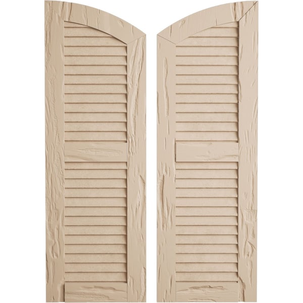 Ekena Millwork Pecky Cypress 2 Equal Louver w/Elliptical Top Faux Wood Shutters, 12"W x 76"H (72" Low Side) SHULVL12X76PCPR - main