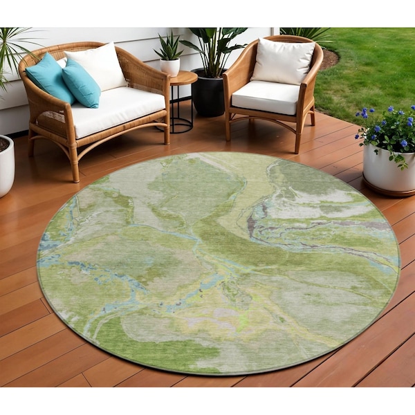 Homeroots 8' Green Blue And Gray Round Abstract Washable Indoor Outdoor Area Rug 597772 - main