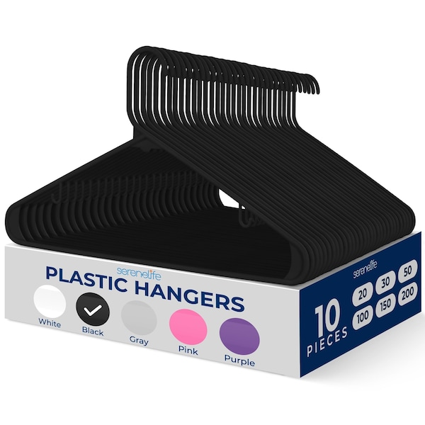 Serenelife Premium Plastic Hangers, Ultra-Thin and Durable Closet Organizers, Non-Slip w/ Grooves, Black, 10PK SLHPLBLK10 - main