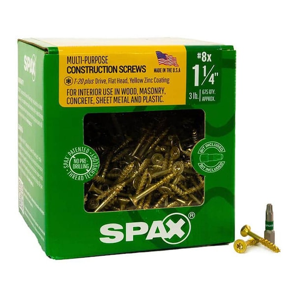 Spax #8 x 1-1/4 in Interior Wood Screws Construction Flat Head T-Star Plus 3 LB, 675PK 41910204003245 - main