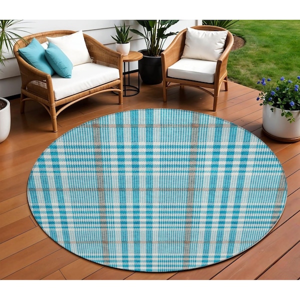 Homeroots 8' Teal Blue Ivory And Brown Round Plaid Washable Indoor Outdoor Area Rug 601520 - main