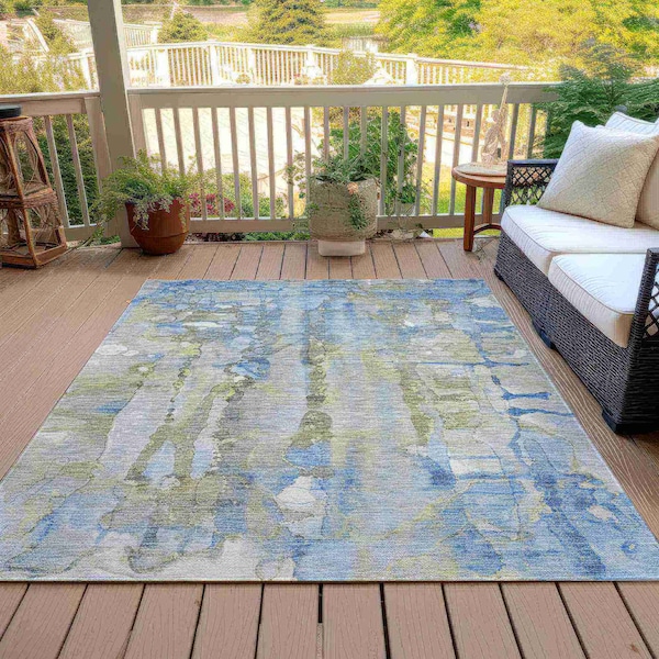 Homeroots 5' X 8' Sky Blue And Gray Abstract Washable Indoor Outdoor Area Rug 632138 - main