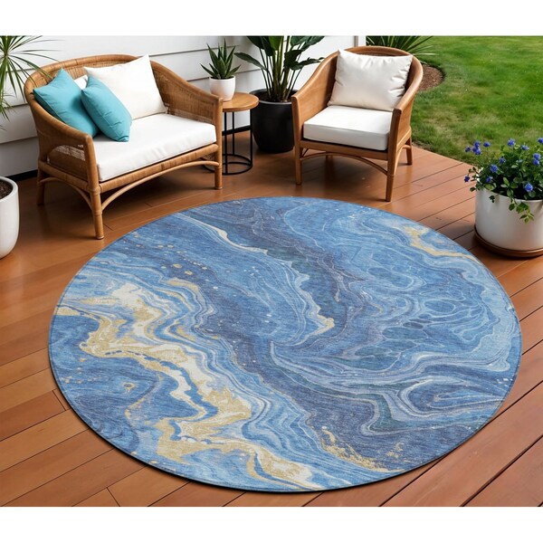Homeroots 8' Blue Gold And Ivory Round Abstract Washable Indoor Outdoor Area Rug 618198 - main