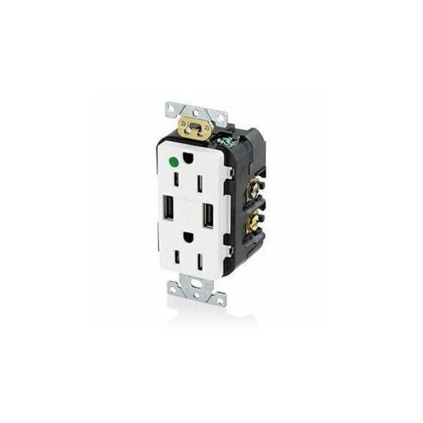 Leviton USB Charger/Duplex Tamper-Resistant Receptacle, Hospital Grade, 3.6/15 Amp, 125 Volt, White T5632-HGW - main