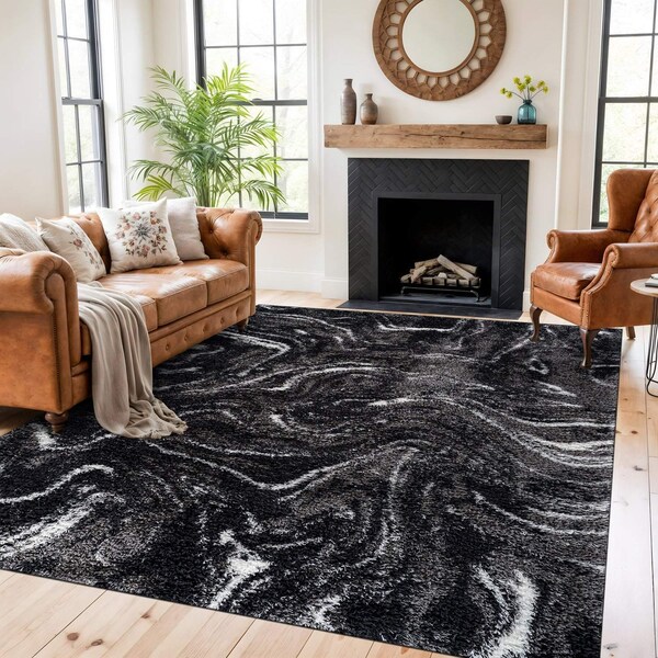 World Rug Gallery Abstract Marble Shag Area Rug 7 ft 10 in x 10 ft Anthracite WR125ANTHRACITE8X10 - main