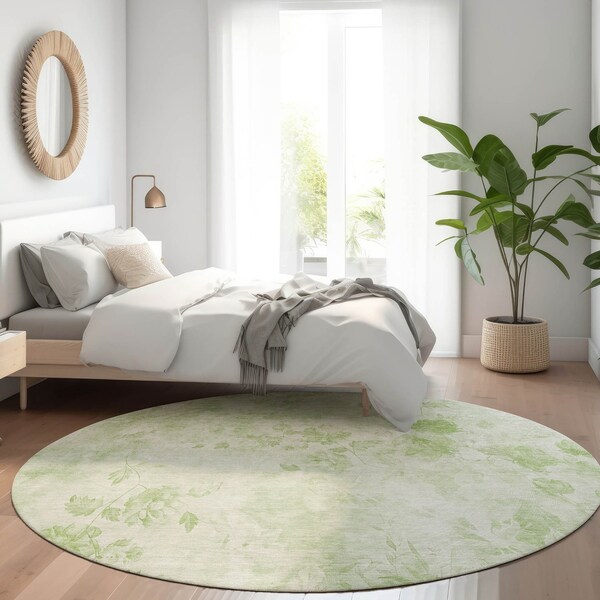 Homeroots 8' Green And Ivory Round Floral Washable Indoor Outdoor Area Rug 583090 - main