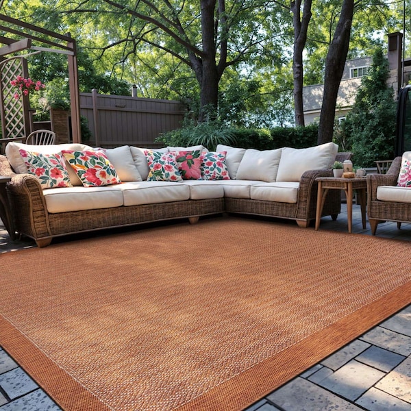 World Rug Gallery Contemporary Bordered Weather Resistant Reversible Indoor/Outdoor Rug 7 ft 10 in x 10 ft Rust WR111RUST8X10 - main