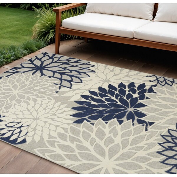 Homeroots 9' X 12' Gray Ivory And Navy Blue Floral Indoor Outdoor Area Rug 564202 - main