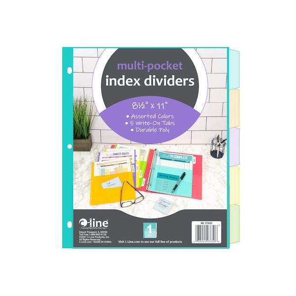 C-Line Products 8-1/2" x 11" Bright Color 5-Tab Index Dividers with Multi-Pockets, 5/ST, 12ST/BX, 6BX/CT 07650-BX - main